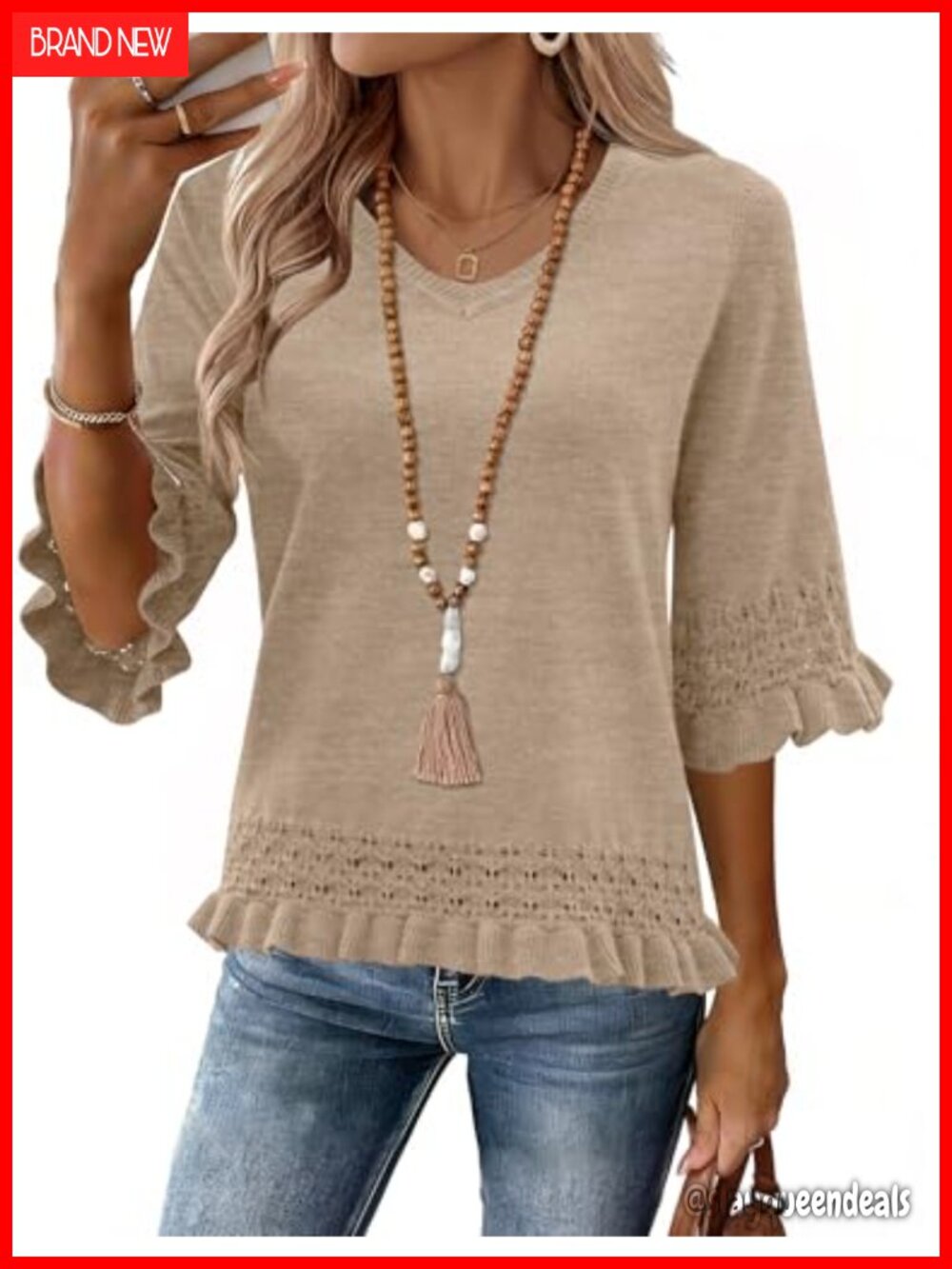 LOMON Womens V-Neck Peplum Sweater 3/4 Sleeve Pullover